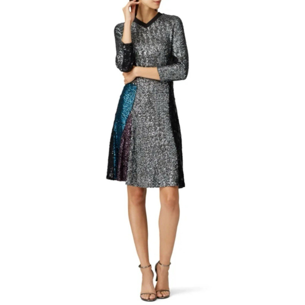 KOCHE Grey Paillette Sequin‎ Dress Silver Teal Purple V-Neck 40 KMW19D11